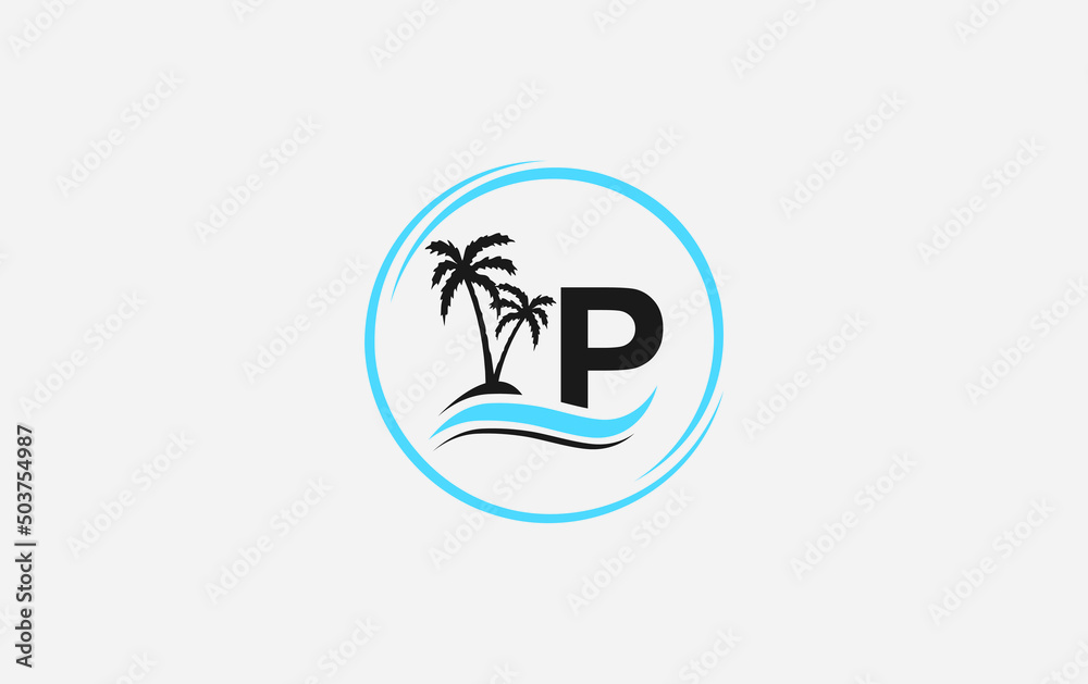 Nature water wave and beach tree vector art logo design with the letter and alphabet P Nature water wave and beach tree vector art logo design with the letter and alphabet P