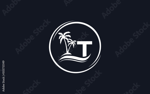 Nature water wave and beach tree vector art logo design with the letter and alphabet T