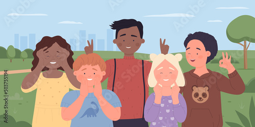 Cute kids friends with jokes and funny gestures standing together in green city park vector illustration. Cartoon multicultural group of happy children students laughing background. Friendship concept