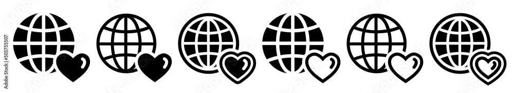 Set of friendship and love icons, friends world, relation. Globe with heart icon. Happy friendship day or love, world love, celebration. Vector illustration. Set of friendship and love icons, friends world, relation. Globe with heart icon. Happy friendship day or love, world love, celebration. Vector illustration.