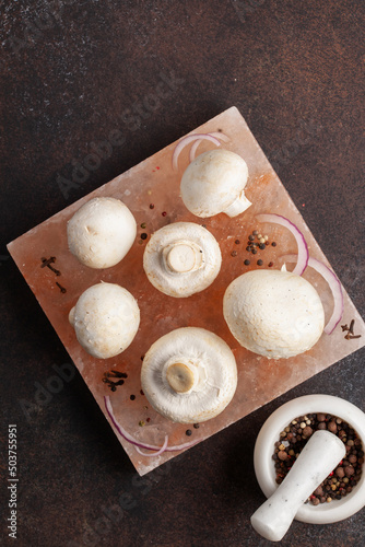 Raw mushrooms champignon on a Himalayan salt block with grilling spices. Top view.