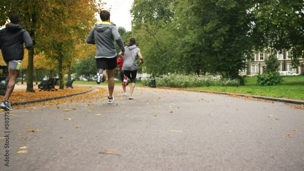A diverse group of people completing a cardio workout and running through a park together. Back of a group of friends jogging through a garden together. Friends training together running on a park