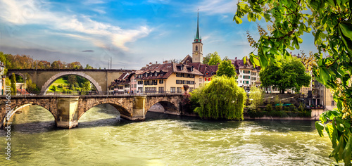Romantic streets and canals of Bern capital city of Switzerland. Swiss travel and landmarks photo