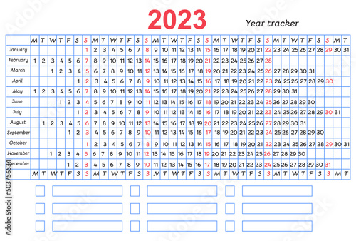 Calendar mood and habit  tracker grid 2023 year. Vector design with blue line and red sundays. Table template on white background for organization and business.