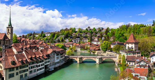 Switzerland. Swiss travel and landmarks .Romantic bridges and canals of Bern capital city