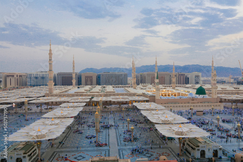 Atmospere around of Al-Masjid al-Nabawi in Al Haram that a mosque established by the Islamic prophet Muhammad, situated in the city of Medina in Saudi arabia. photo