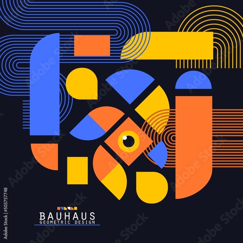 Bauhaus style flye. Journal magazine album cover with abstract geometric 2d shapes and eye. Banner template with set of simple colorful forms. Vector card illustration on black background.