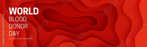 World Blood Donor Day poster in paper cut style. 3d red background with liquid waves. Vector card illustrations for leukemia or hemophilia concept. Medical health care flyer with inside view artery.