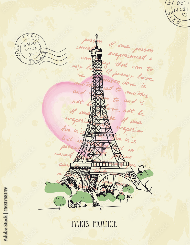 Retro postcard with Eiffel tower. Paris, France.