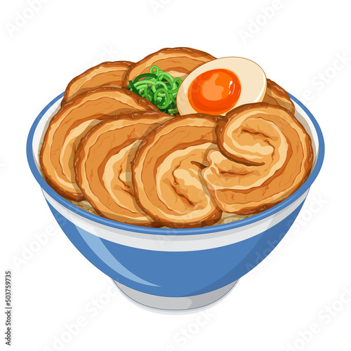 Japanese chashu don rice bowl recipe isolated on white background illustration vector. photo