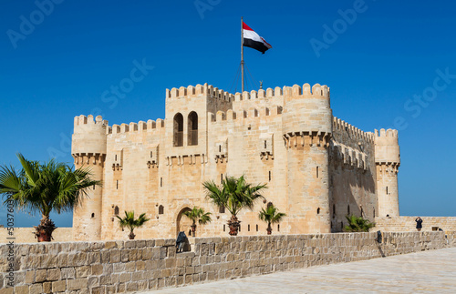 Alexandria, Egypt - January 2022: Citadel of Qaitbay fortress and its main entrance yard. View from the wall