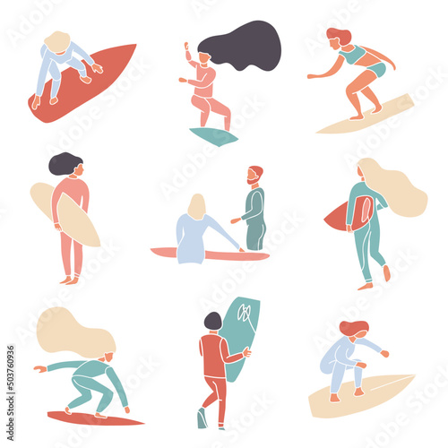 Vector set of simple abstract surfers faceless silhouettes. Surfing school logo banner. Girls and boys are surfing. Wave riders vector illustration
