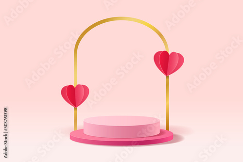 Abstract 3D pastel pink scene with cylinder stand for displaying products decorated with paper cut hearts and arch gold