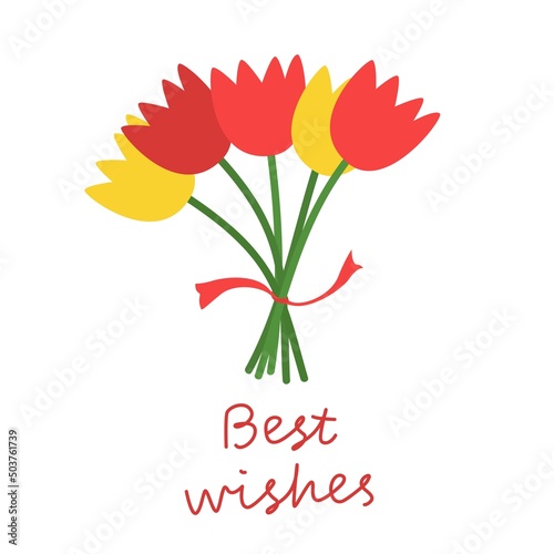 Bouquet of tulips greeting card minimalism  flat style flowers illustration with best wishes inscription