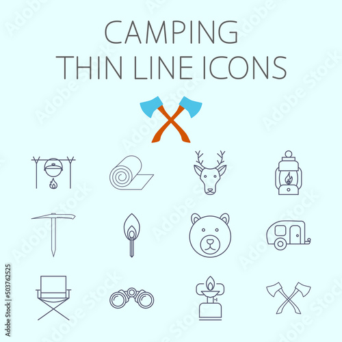 Camping thin line icon for web and mobile applications. Set includes - pot, mat, deer, lantern, ice axe, bear, chair, axe, match, trailer, binoculars, gas stove. Pictogram, infographic element