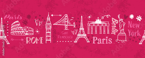 Hand drawn doodle sights seamless pattern, travel background, great for textiles, wrapping, banners, wallpapers - vector design