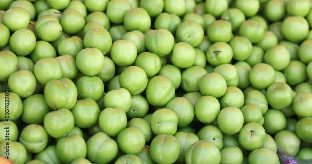Fresh ripe juicy green plum fruits in market closeup Fresh ripe juicy green plum fruits in market closeup
