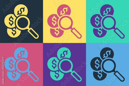 Pop art Search for money icon isolated on color background. Vector