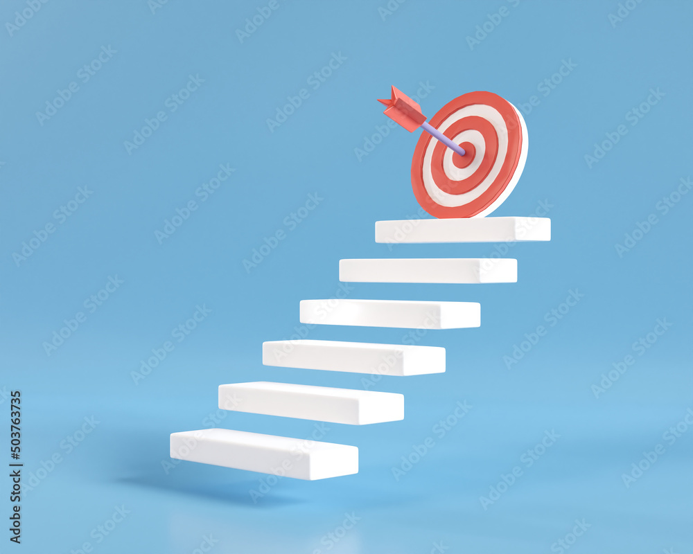 3d step with red arrow center on top stair. business strategy step to success. goal and target achievement concept. dart hit on bulleyes. 3d render illustration minimal style. - obrazy, fototapety, plakaty 