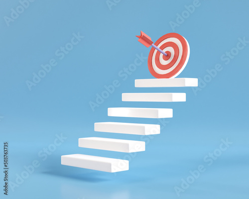 3d step with red arrow center on top stair. business strategy step to success. goal and target achievement concept. dart hit on bulleyes. 3d render illustration minimal style. photo