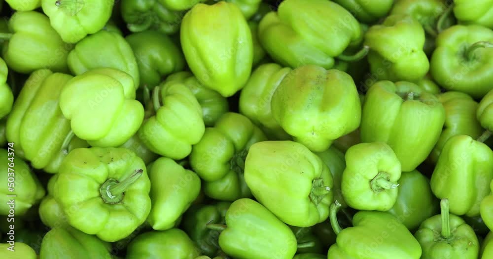 Lots of green peppers on market closeup Lots of green peppers on market closeup