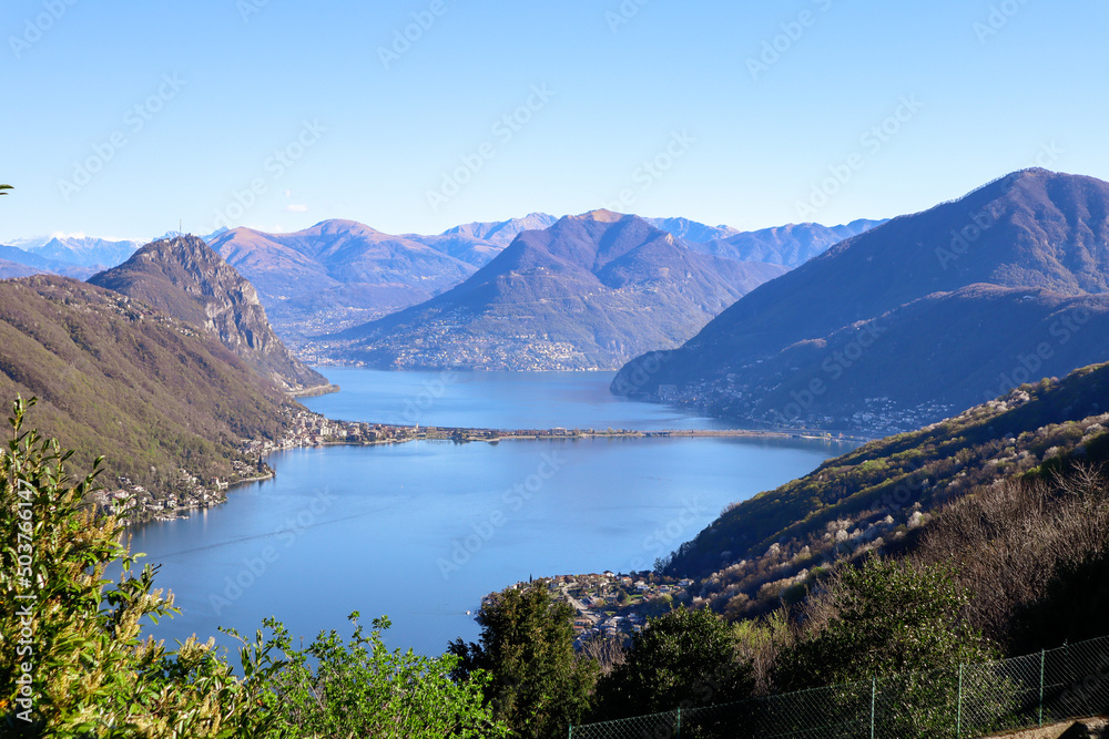 The View to the Lake Lugano and the surrounding Mountains from Serpiano, Ticino, Switzerland