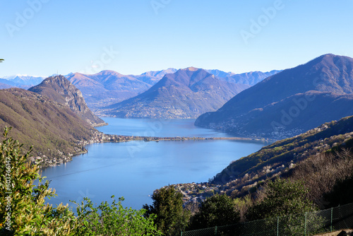 The View to the Lake Lugano and the surrounding Mountains from Serpiano, Ticino, Switzerland