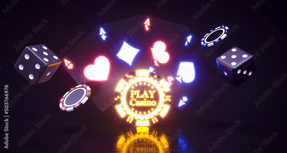 Casino background with neon chips falling Falling poker chips, 3d rendering