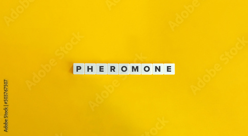 Pheromone Word and Banner. Letter Tiles on Yellow Background. Minimal Aesthetics. photo