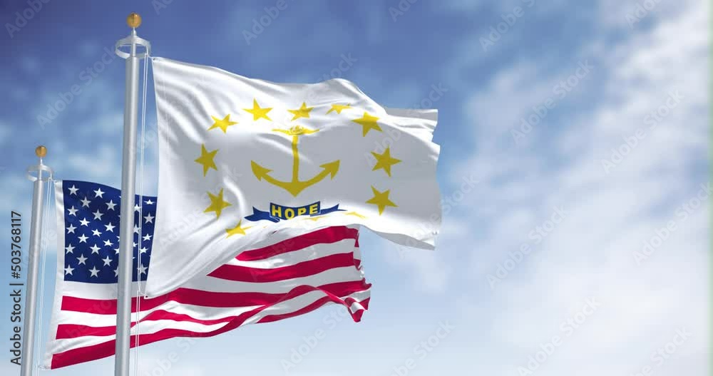 Seamless loop of the Rhode Island state flag waving along with the national flag of the United States of America