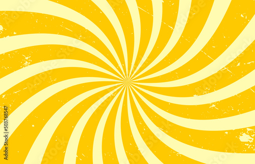 Yellow vintage background with stripes. Vector illustration with sun burst. Sunburst on horizontal retro background. Rotating spiral stripes.