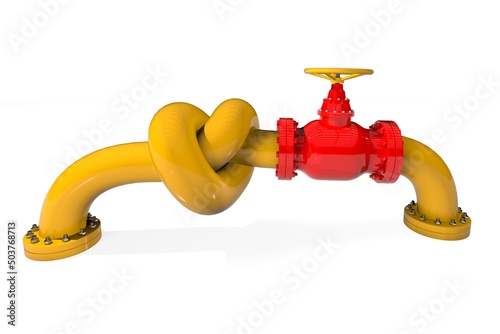 Gas pipeline under sanctions. The gas pipe is tied in a knot. The gas is closed. Valve on the pipe