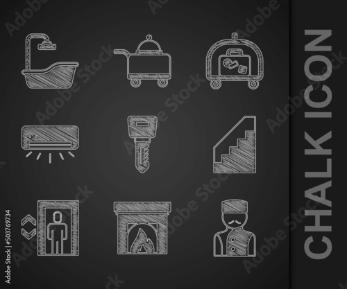 Set Hotel door lock key, Interior fireplace, Concierge, Stairs, Lift, Air conditioner, luggage cart and Bathtub icon. Vector