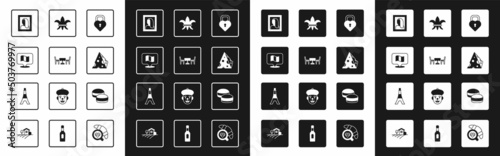 Set Castle in the shape of heart, French cafe, Flag France, Portrait picture museum, Cheese, Fleur De Lys, Macaron cookie and Eiffel tower icon. Vector