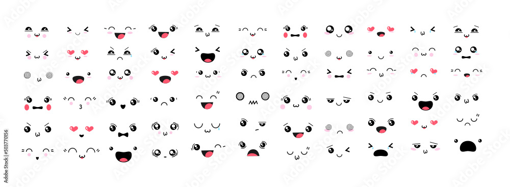Obraz premium Kawaii cute faces. Manga style eyes and mouths. Funny cartoon japanese emotions in different expressions. For social networks. Expression anime character and emoticon face illustration, Big vector set
