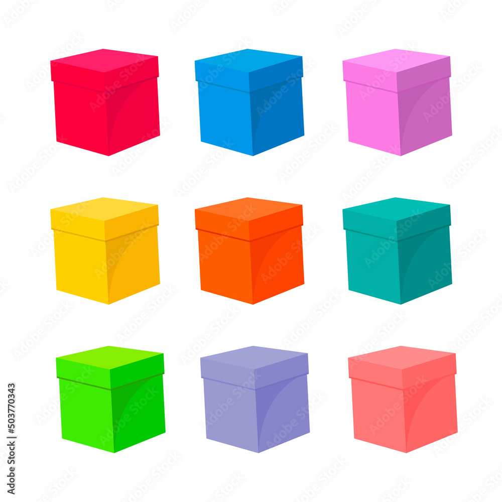 Boxes set. Collection of colorful closed warehouse cardboard box. Color image of package. Vector illustration of paper cubes Boxes set. Collection of colorful closed warehouse cardboard box. Color image of package. Vector illustration of paper cubes