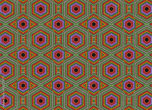 Interesting repeated pattern with multiple geometric shapes and psychedelic colors, creative background inspired by mandala and zentangle art, replicated hexagons in a continuous kaleidoscopic format