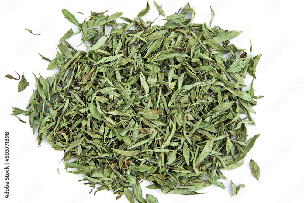 dry thyme leaves pile in a form circle on a white background dry thyme leaves pile in a form circle on a white background