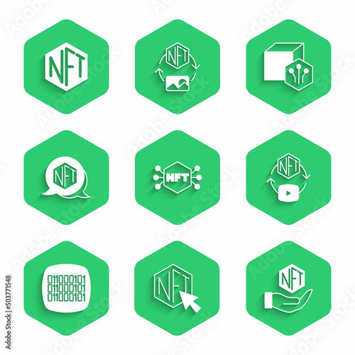 Set NFT Digital crypto art, Binary code, and icon. Vector