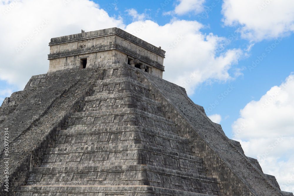 Temple of Kukulkan, pyramid in Chichen Itza, Yucatan, Mexico. Ruins of an ancient Mayan pyramid. Top of the stepped pyramid, UNESCO World Heritage