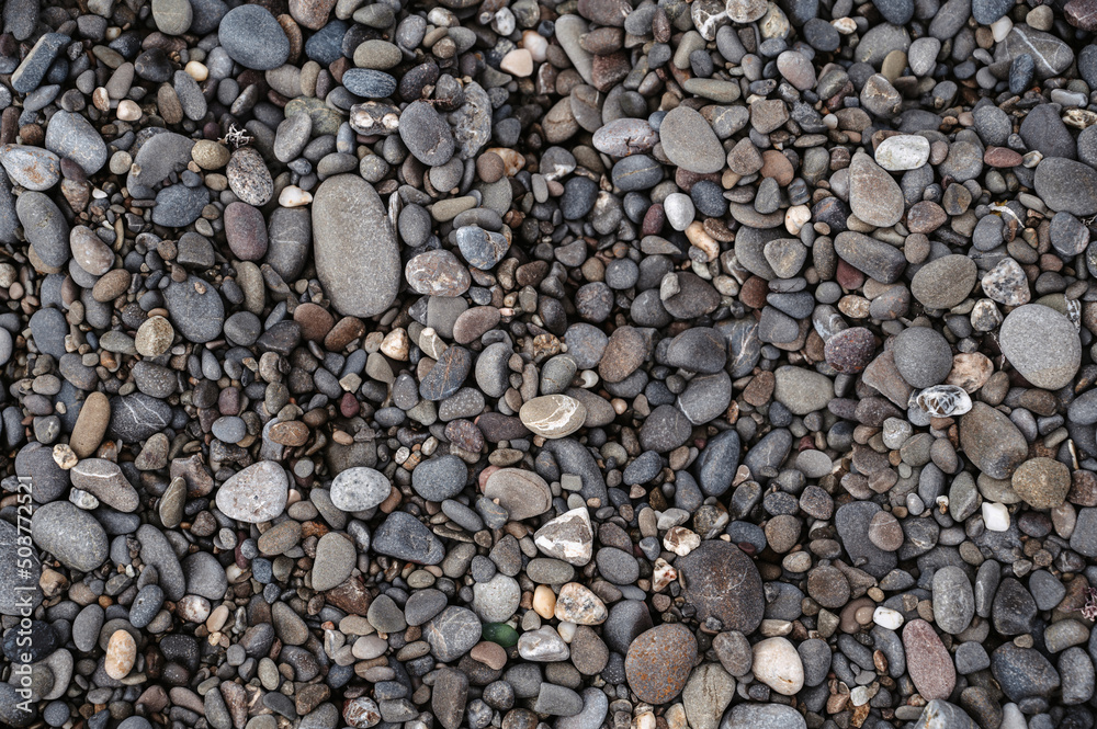 Smooth background with a texture of different sizes of pebbles. Pebble beach. Close-up. Smooth background with a texture of different sizes of pebbles. Pebble beach. Close-up.
