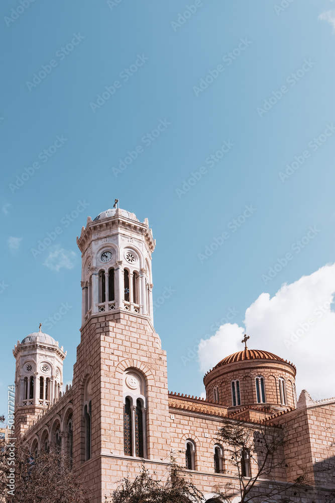Greek Orthodox Church of Holy Church of the Dormition of the Virgin Mary Chrysospileotissa in Athens. Exterior of historical orthodox church