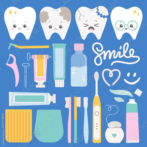 Teeth health care set flat vector illustration