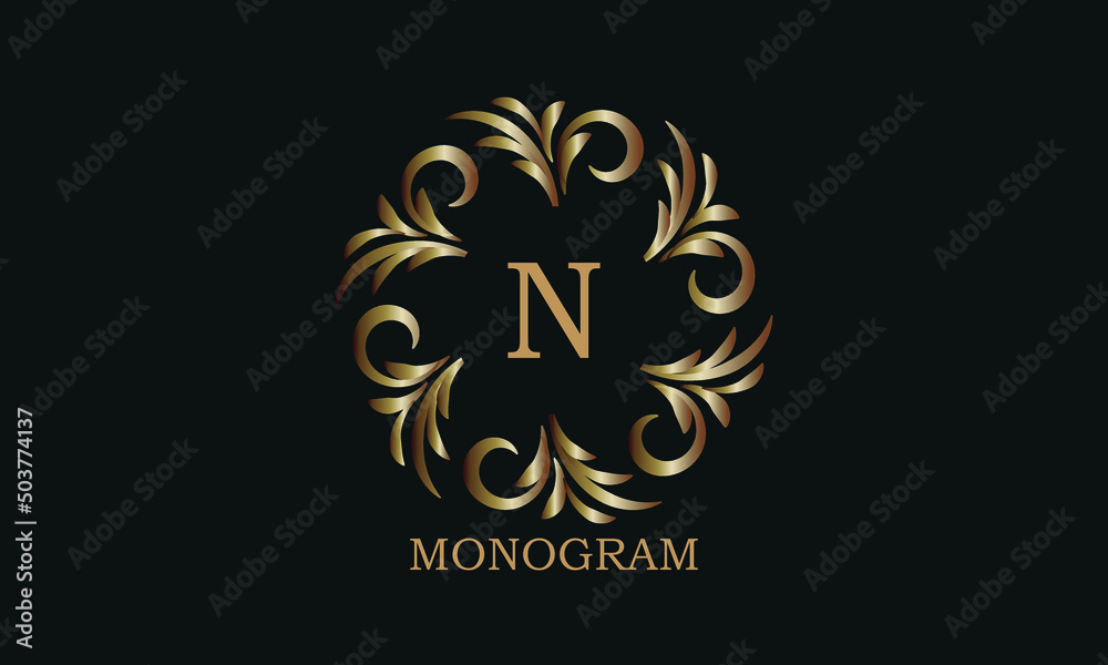 Golden monogram design template with letter N. Round logo, business identity sign for restaurant, boutique, cafe, hotel, heraldic, jewelry. Golden monogram design template with letter N. Round logo, business identity sign for restaurant, boutique, cafe, hotel, heraldic, jewelry.