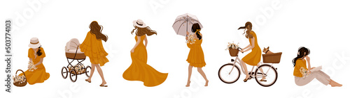 camomile summer vibes girls characters vector set. mom with baby stroller, sun umbrella bike with pug in basket woman reading a book gathering flowers running in fluttering dress gardening straw hat