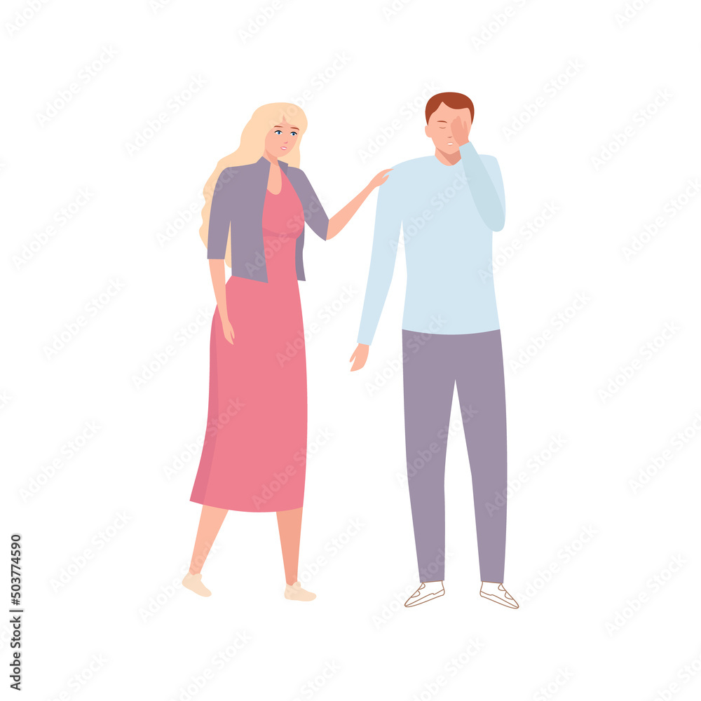 a woman calms down a man who has a crisis. Psychology of relations. Flat vector. a woman calms down a man who has a crisis. Psychology of relations. Flat vector.