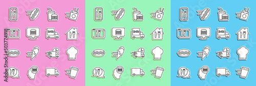 Set line Coffee cup to go, Chef hat, Online ordering and delivery, Paper glass burger, and Fast by car icon. Vector