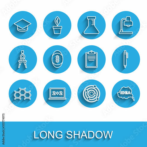 Set line Chemical formula, Chalkboard, Graduation cap, Solar system, Idea, speech bubble, American Football ball, Pen and Clipboard with checklist icon. Vector