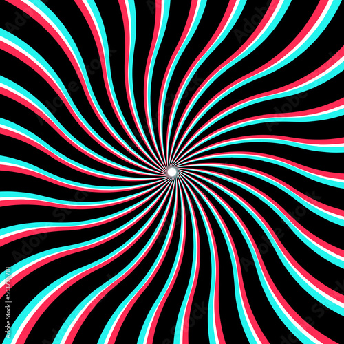Psychedelic Spiral Sunburst with CMYK Offset Print Effect on White Background. Spinning Optical Illusion.