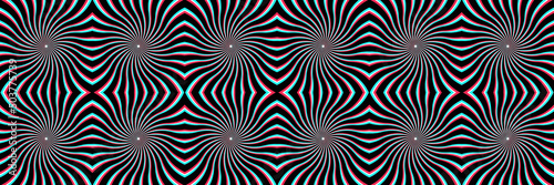 Psychedelic Seamless Pattern of Spiral Sunbursts with CMYK Offset Print Effect. Spinning Optical Illusion Background. Repeating Pattern Tile Included in Vector File.